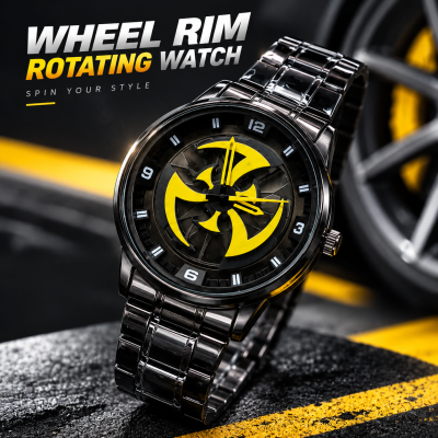 360° Rotating Car Wheel Rim Quartz Watch – Matte Black Metal Sports Wristwatch, 3D Alloy Rim & Brake Disc Dial, Stainless Steel Strap & Scratch-Resistant Glass for Men
